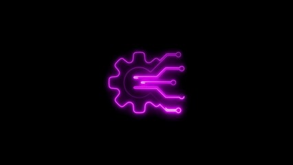 Futuristic neon gear and circuit board illuminated against a deep black background