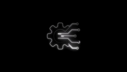 Glowing neon gear circuit board icon representing technology and innovation on black background