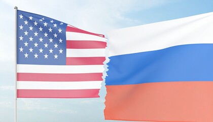 Fototapeta premium Geopolitical tension between the United States and Russia, symbolized by their flags split by a jagged black crack on a neutral background.