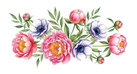 A vibrant arrangement of delicate pink peonies and anemones, exquisitely rendered in watercolor, displays a soft, romantic mood against a plain white background.