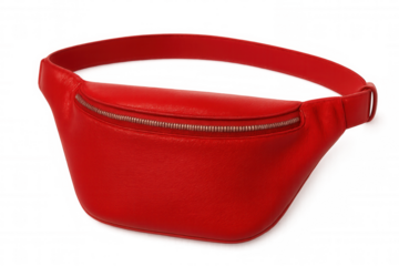Sleek red leather waist bag resting on transparent surface, highlighting compact accessory with modern urban aesthetic