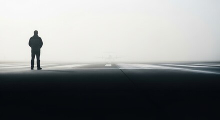 Obraz premium Man standing on a foggy airport runway with an airplane in the distance. Concept of travel, journey, and aviation.