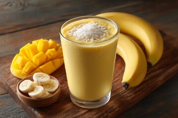 Delicious tropical smoothie featuring bananas and mango alongside fresh fruit on a rustic wooden table