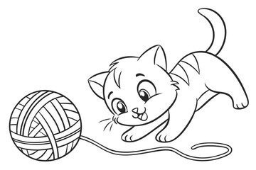  black and white cartoon illustration of a playful kitten with large eyes, batting at a ball of yarn