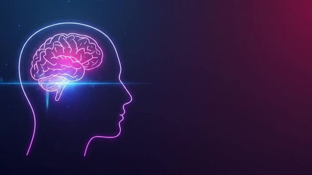 Video of a glowing human head outline with a highlighted brain inside, radiating energy waves, futuristic neon colors, minimalist gradient background with empty space for social media text placement.