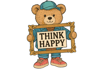 Cheerful bear holds sign with positive message in playful illustration, promoting happiness and positivity