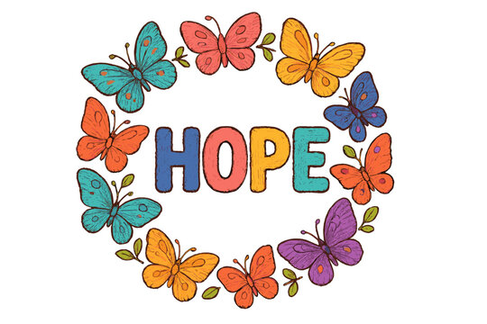 Colorful butterflies and the word hope create a vibrant display of positivity and inspiration