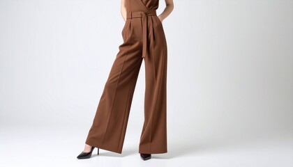 Stylish brown outfit with wide-legged pleated pants, matching belt, long-sleeved top, and high heels; posed against white studio background.