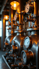 Industrial equipment with pipes and gauges displays complex urban communication systems. Technical industrial equipment, an integral part of modern urban communication systems infrastructure,