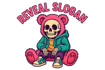 Skeleton wearing a cozy pink bear hoodie and green jacket sitting casually on the ground in a colorful and playful style