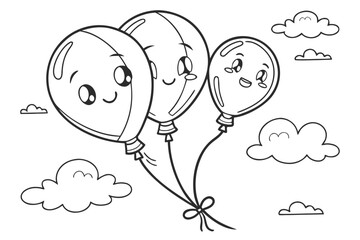 black and white line drawing of three cartoon hot air balloons with happy faces.