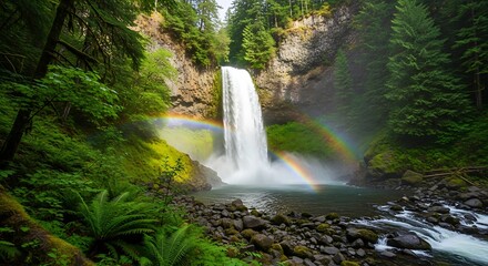Fototapeta premium Spectacular waterfall in a vibrant green forest with a rainbow.