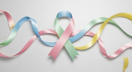 Multicolored ribbons intertwine in a delicate design, showcasing pastel shades and a soft, symbolic representation of awareness.
