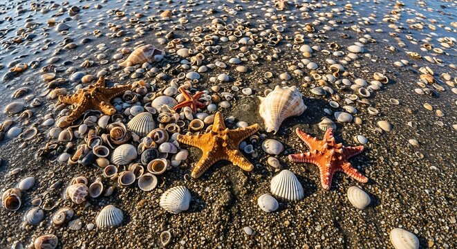 Starfish and seashells on the sandy beach.