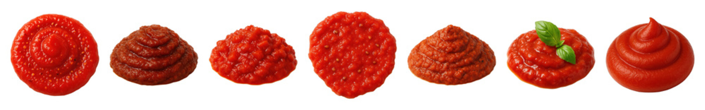 Tomato sauce set including ketchup, puree, paste, chunky, and basil-garnished variants isolated. Food and ingredient collection.
