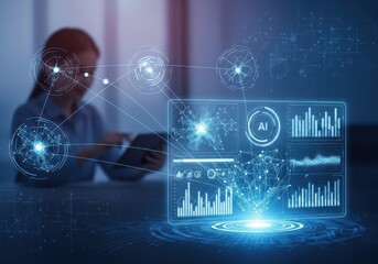 A woman in the background is shown working with artificial intelligence through a data visualization interface for future education.