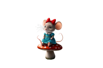 an illustration of a mouse, sitting on a mushroom, wearing a blue hat and coat, with detail to show its characteristics and expression, no background.