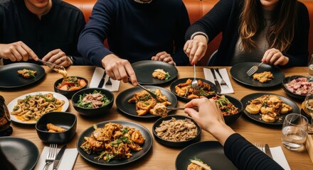 Group enjoying asian fusion cuisine at restaurant with diverse dishes and shared dining experience
