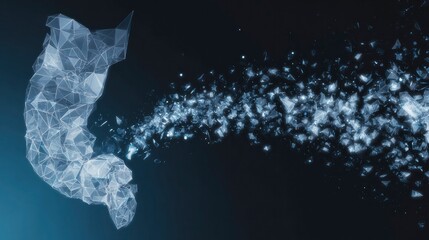 X-ray illustration of a digestive tract with geometric particles transforming into bio-luminescent flora.