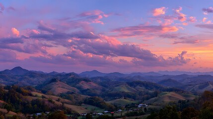 Fototapeta premium A breathtaking vista of rolling hills and valleys bathed in a vibrant, pastel sunset, showcasing the beauty of the landscape.