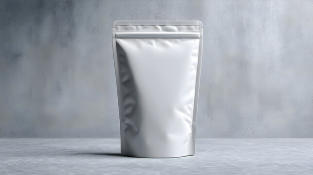 Blank white stand-up pouch mockup with zipper on minimalist concrete background and floor, ideal for branding.