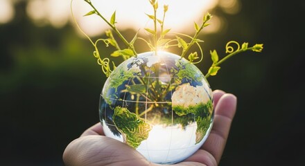 Cradling a Luminous Earth Globe as Green Vines Sprout Towards the Sun