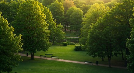 Obraz premium Verdant tranquility sunlight streams through the trees in this park landscape beckoning peaceful