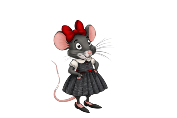 a mouse, dressed in a black dress, with subtle expressions, and features of character in a detailed form, including textures and visual lighting to show its shape.