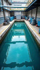 Fototapeta premium Industrial water treatment plant with long pool reflecting sky. Clean water purification system in factory. Industrial water treatment plant for environmental protection and sustainability.