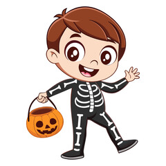 Happy Boy in Skeleton Costume with Pumpkin Basket Halloween Vector
