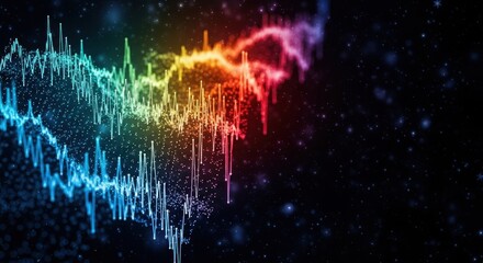 Rainbow colored sound wave or frequency spectrum on a black background. Abstract digital data visualization for technology.