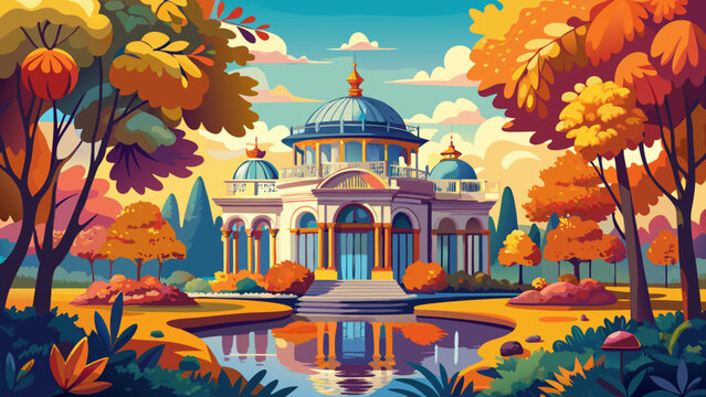 Colorful morning view of Kiralydombi Pavilon in Kastelypark, Royal Palace of Godollo park. Colorful autumn scene Hungary botanical garden, Europe. Beauty of nature concept 