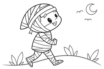  black and white illustration depicts a happy child dressed as a mummy.