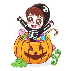 Happy Boy in Skeleton Costume Sitting in Pumpkin with Halloween Candy Vector