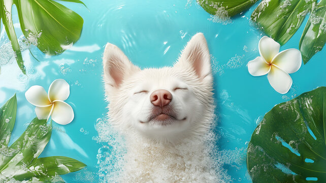 A tranquil white dog relaxes in a serene spa-like pool of water. The image is perfect for conveying a sense of luxury, relaxation, and self-care, with a focus on pets