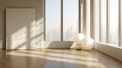 Fototapeta premium Minimalist Interior Design Showcasing a Spacious Room With Modern Decor, Large Windows, and City Skyline View in Early Morning Light