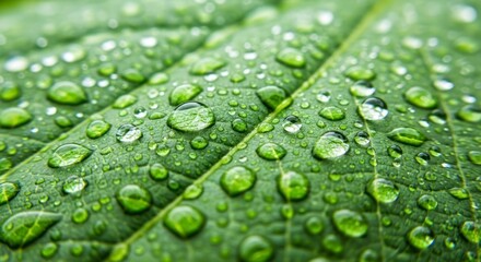 Close-up view of a vibrant green leaf, glistening with water droplets, showcasing the intricate leaf texture and the beauty of nature's detail.
