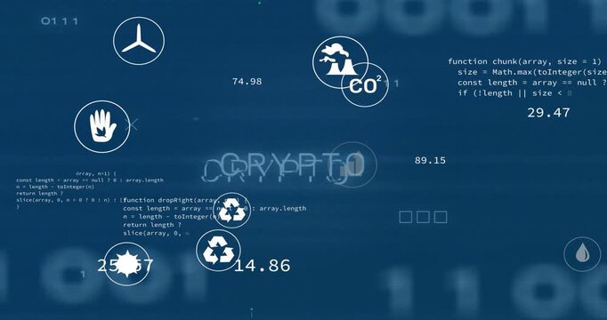 Opening deep blue grid visualizing eco data white circular icons drifting while crypto text pulsing