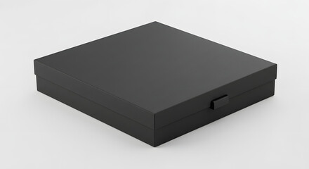 Matte black cardboard gift box with magnetic closure, perspective view, white background, luxury mockup