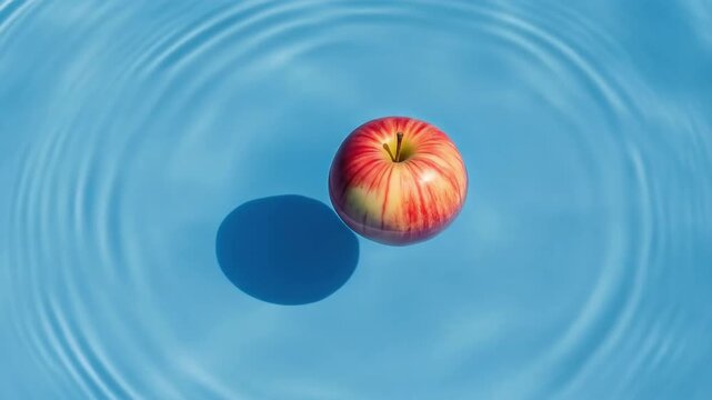 A vibrant red apple rests gently on rippling blue water creating mesmerizing circular waves Light reflection adds depth to the tranquil aquatic scene