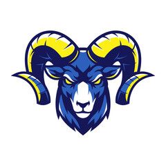 Ram Mascot Emblem: A bold and dynamic illustration showcasing the powerful head of a ram, rendered in striking blue and yellow tones, perfect for conveying strength and determination.
