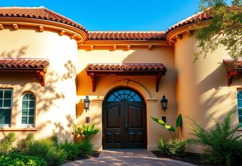 Fototapeta premium Sun-drenched stucco entrance with terracotta tile roof, arched doorway, villa, sunlight