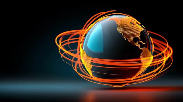 Glowing abstract globe with flight trails orbiting, animated lines showing motion paths.