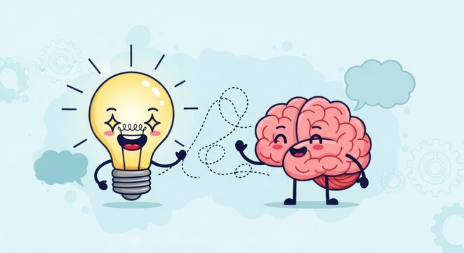 Starry-Eyed Brilliance: A Kawaii Brain and Lightbulb Celebrate a Creative Spark