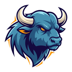 Aggressive Bull Mascot: A bold bull mascot, its expression exudes determination and power, rendered in vibrant shades of blue and yellow, embodying strength and resilience in the digital age.