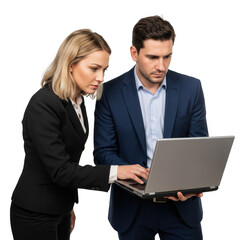 Focused business professionals collaborating intently on a laptop computer discussing project details isolated on transparent background