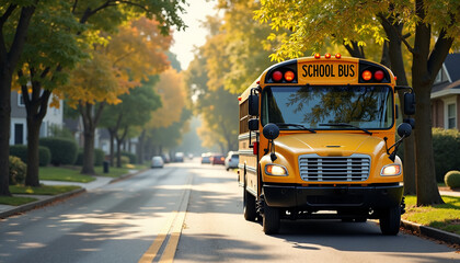 Obraz premium Yellow school bus drives along road in autumn sunlight. School bus transports students during back to school season, seen amid fall foliage and suburban houses.