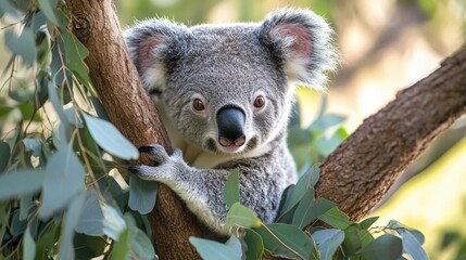 Obraz premium Grey koala clinging to eucalyptus branch.