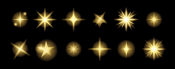 Star sparkle shapes, gold sparkle stars icons set, shine effect blink twinkle, sunburst star beam shapes glowing lens flare, curve glass lens, spotlight explosion vortex ray isolated success symbols