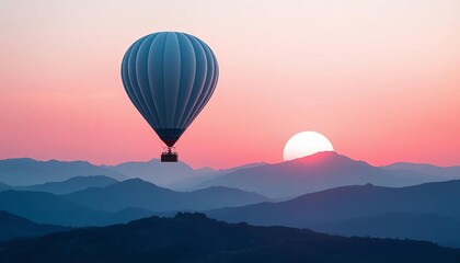 Fototapeta premium White hot air balloon ascends over pink sunset, gray mountains Paper cut style Minimal landscape illustration, whimsical, graphic